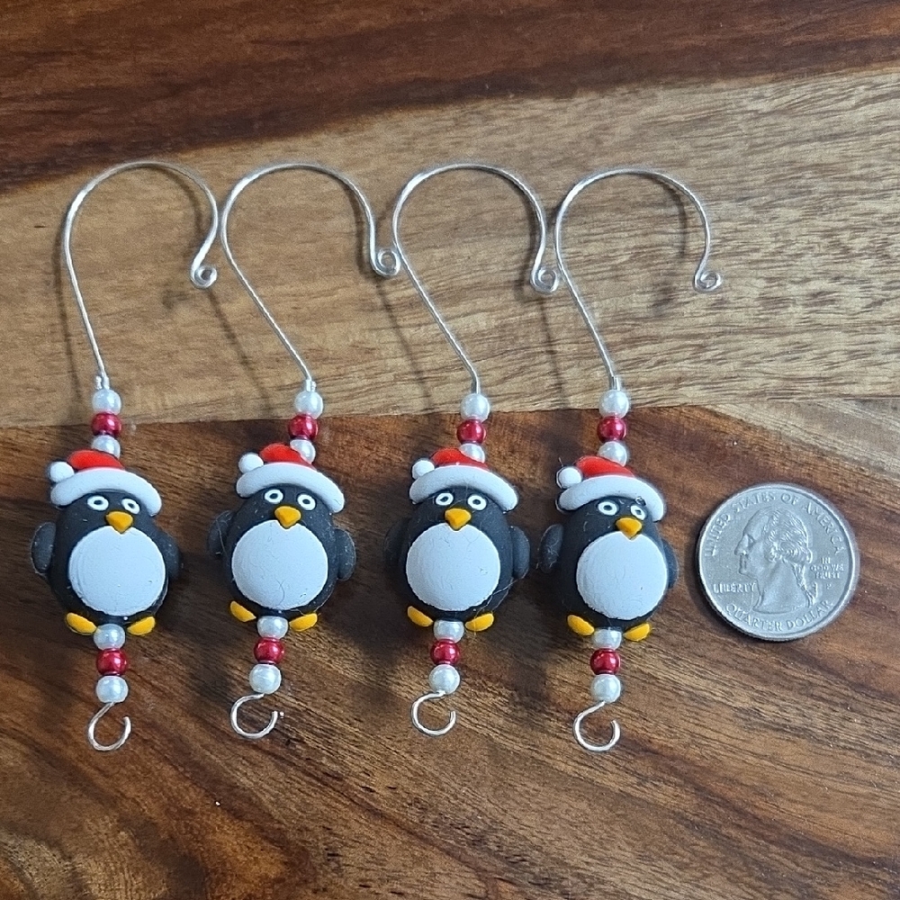 Penguin Christmas Ornament Hooks with Red and White Bead Accents - Picture 3 of 4